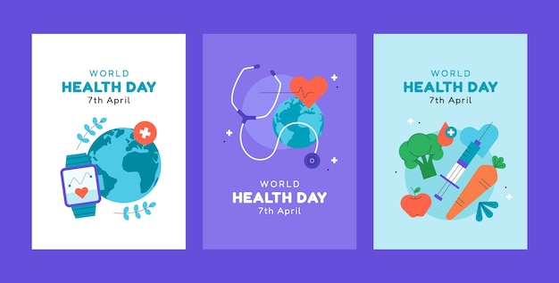 Colección de tarjetas de felicitación planas para el día mundial de la salud