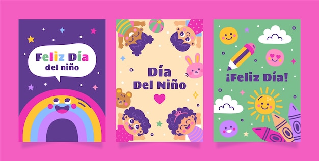 Vector gratuito colección de tarjetas de felicitación planas en español para la celebración del día de los niños