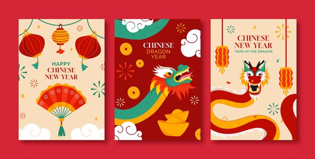 Colección de tarjetas de felicitación planas para el festival del año nuevo chino