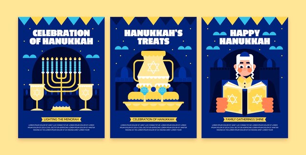 Colección de tarjetas de felicitación planas para la festividad judía de hanukkah.