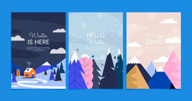 Colección de tarjetas de felicitación planas para la temporada de invierno con árboles y montañas.