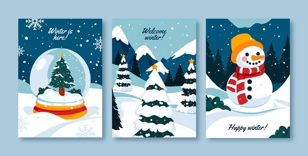 Colección de tarjetas de felicitación planas para la temporada de invierno con globo de nieve y muñeco de nieve.