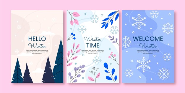 Colección de tarjetas de felicitación planas para la temporada de invierno con hojas y copos de nieve.