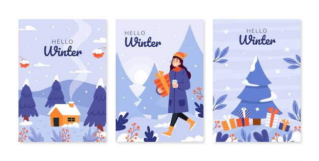 Colección de tarjetas de felicitación planas para la temporada de invierno con mujer llevando regalo y taza de café
