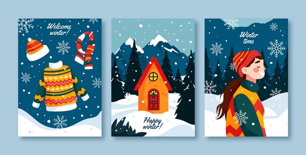 Colección de tarjetas de felicitación planas para la temporada de invierno con mujer y ropa de abrigo.