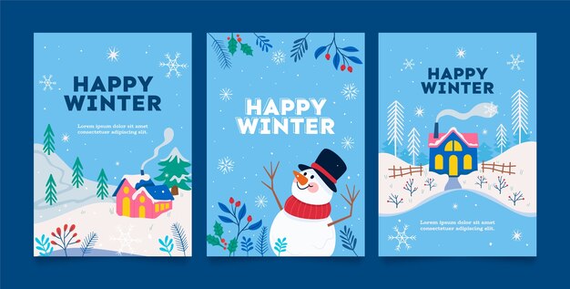 Colección de tarjetas de felicitación planas para la temporada de invierno con muñeco de nieve y casa en la nieve.