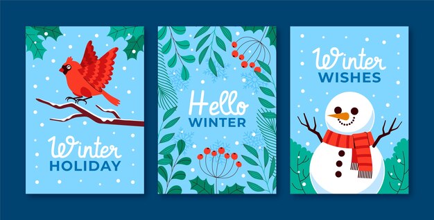 Colección de tarjetas de felicitación planas para la temporada de invierno con muñeco de nieve y pájaro cardenal.