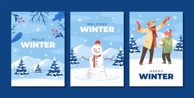 Colección de tarjetas de felicitación planas para la temporada de invierno con muñecos de nieve y personas.