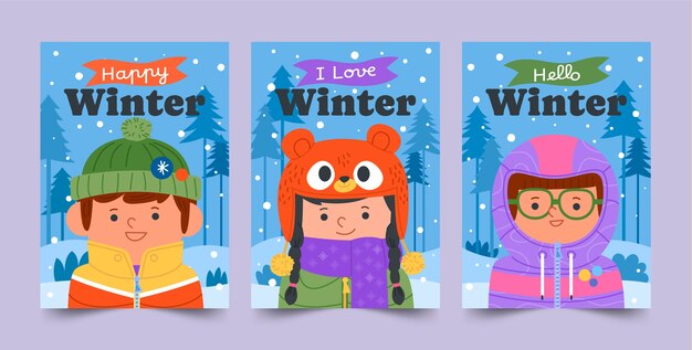 Colección de tarjetas de felicitación planas para la temporada de invierno con niños vestidos con ropa abrigada.