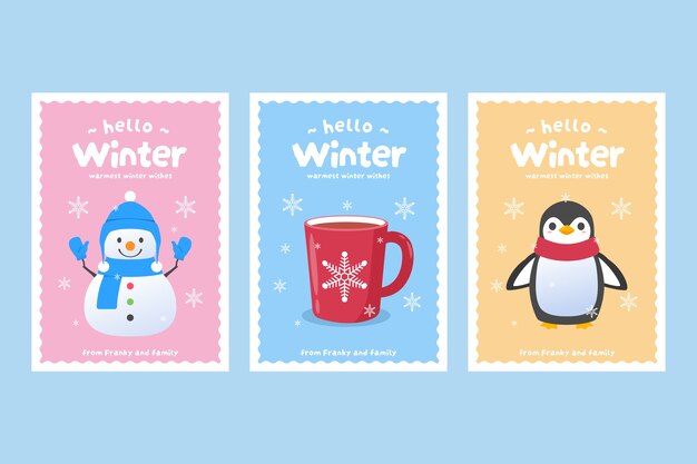 Colección de tarjetas de felicitación planas para la temporada de invierno con pingüinos y muñecos de nieve.