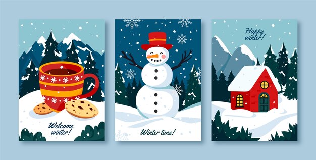 Colección de tarjetas de felicitación planas para la temporada de invierno con taza de chocolate caliente y muñeco de nieve.