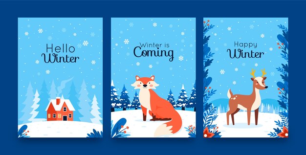 Colección de tarjetas de felicitación planas para la temporada de invierno con zorros y ciervos.