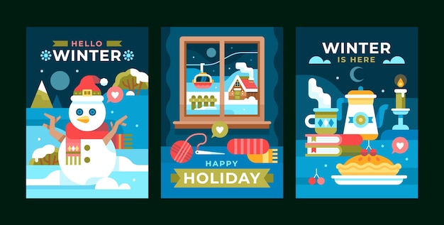 Colección de tarjetas de felicitación planas para la temporada de invierno.
