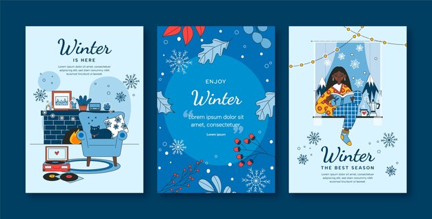 Colección de tarjetas de felicitación planas para la temporada de invierno.