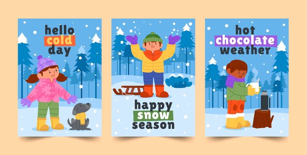 Colección de tarjetas de felicitación planas para la temporada de invierno.