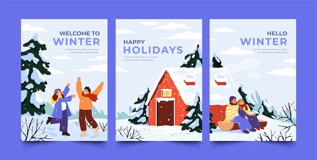 Colección de tarjetas de felicitación planas para la temporada de invierno.