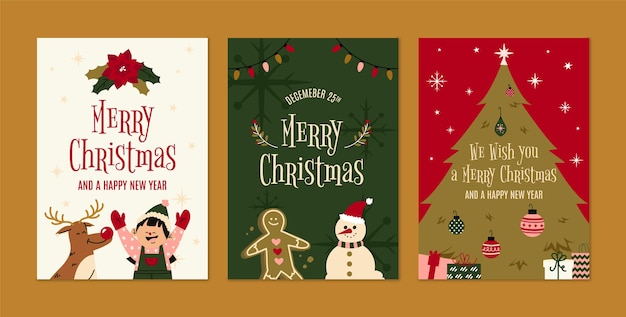 Colección de tarjetas de felicitación planas para la temporada navideña.