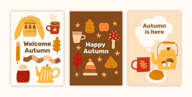 Colección de tarjetas de felicitación planas para la temporada de otoño
