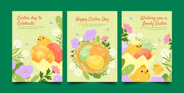 Vector gratuito colección de tarjetas de felicitación planas para las vacaciones de pascua.