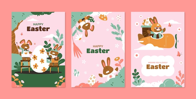 Vector gratuito colección de tarjetas de felicitación planas para las vacaciones de pascua.