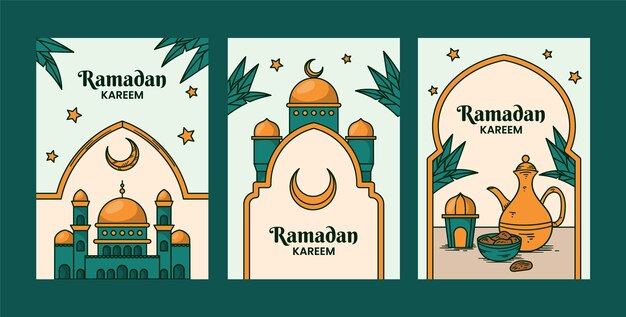 Colección de tarjetas de felicitación de Ramadán dibujadas a mano