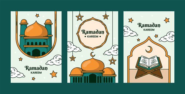 Colección de tarjetas de felicitación de Ramadán dibujadas a mano