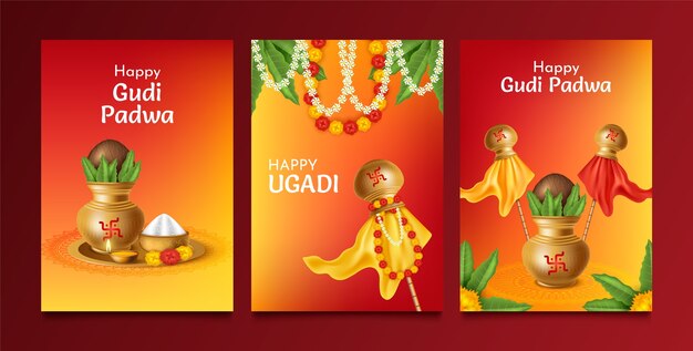 Colección de tarjetas de felicitación realistas para la celebración del año lunar de ugadi