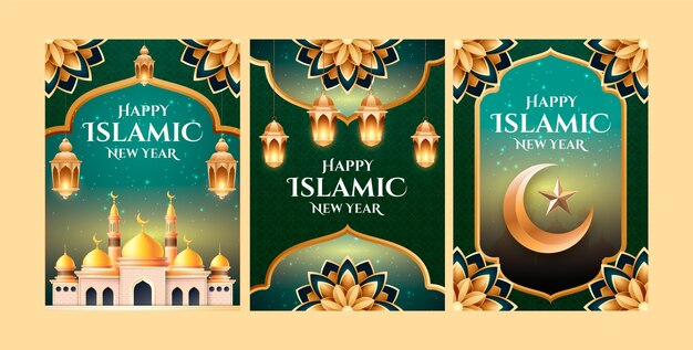Colección de tarjetas de felicitación realistas para la celebración del año nuevo islámico