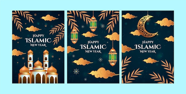 Colección de tarjetas de felicitación realistas para la celebración del año nuevo islámico