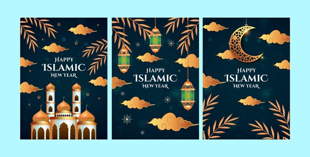 Colección de tarjetas de felicitación realistas para la celebración del año nuevo islámico
