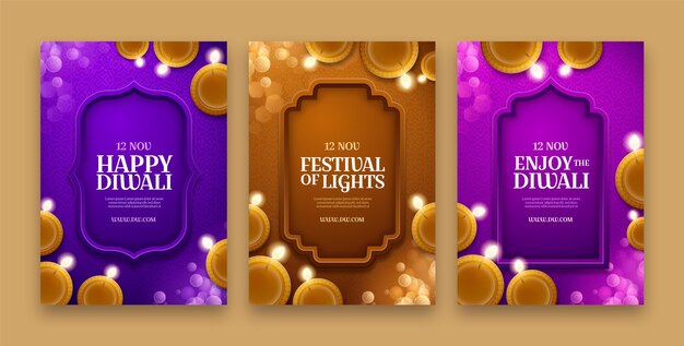 Vector gratuito colección de tarjetas de felicitación realistas para la celebración del festival hindú de diwali.