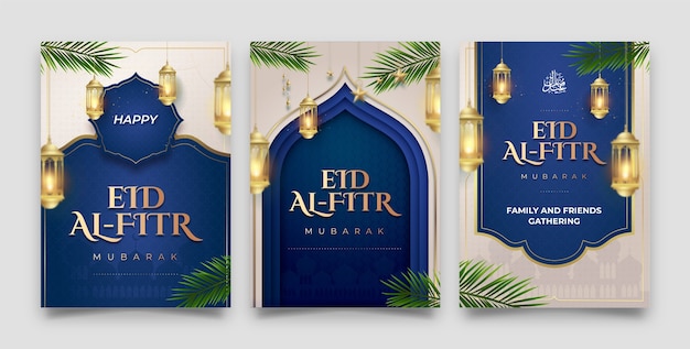 Colección de tarjetas de felicitación realistas para la celebración islámica de eid al-fitr