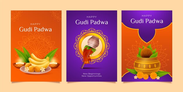 Colección de tarjetas de felicitación realistas para la festividad de Ugadi