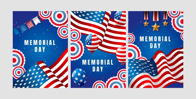 Colección de tarjetas de felicitación realistas para las vacaciones del día conmemorativo de estados unidos
