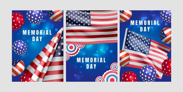 Colección de tarjetas de felicitación realistas para las vacaciones del día conmemorativo de estados unidos