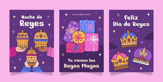 Vector gratuito colección de tarjetas de felicitación de reyes magos dibujadas a mano