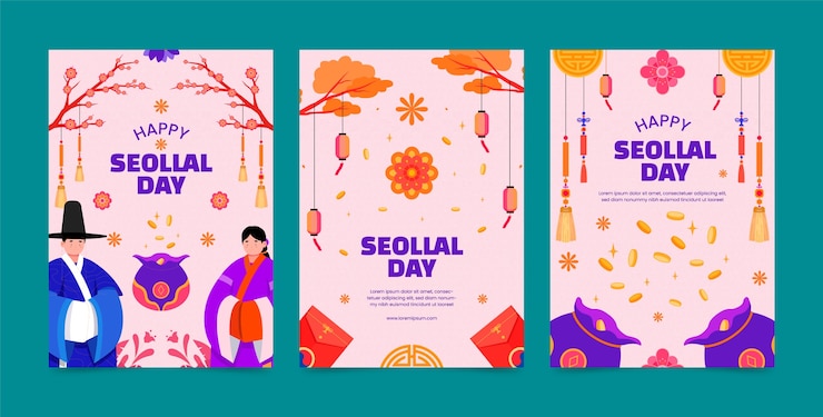 Vector gratuito colección de tarjetas de felicitación seollal plana
