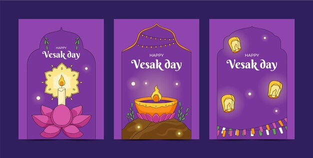 Colección de tarjetas de felicitación vesak dibujadas a mano