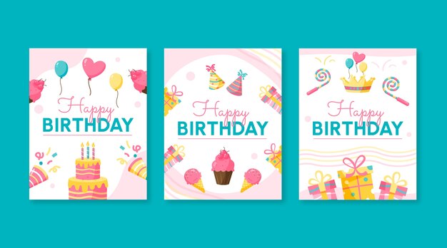Colección tarjetas feliz cumpleaños dibujadas a mano