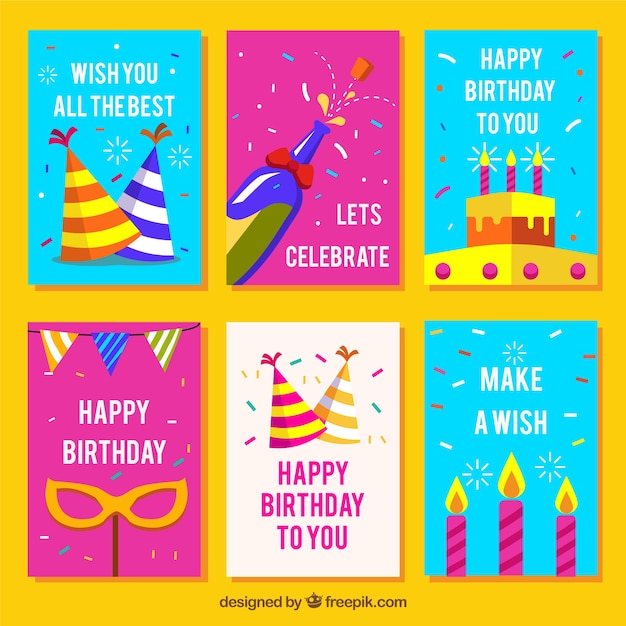 Vector gratuito colección de tarjetas de feliz cumpleaños en estilo plano