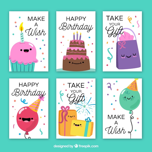 Vector gratuito colección de tarjetas de feliz cumpleaños con simpáticos personajes