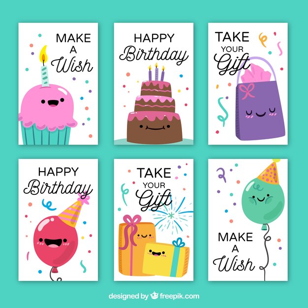 Colección de tarjetas de feliz cumpleaños con simpáticos personajes