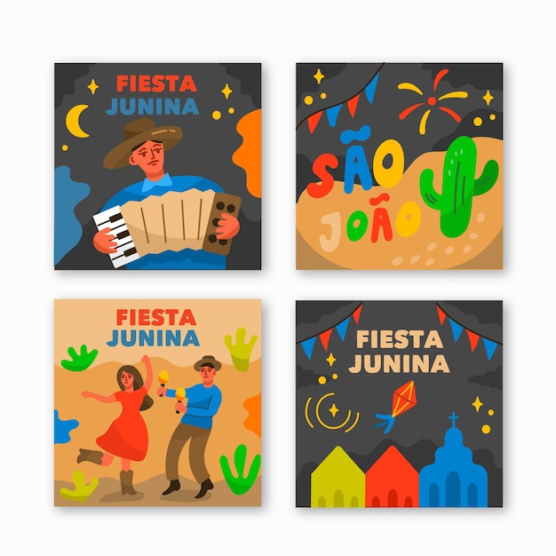 Vector gratuito colección de tarjetas de festa junina dibujadas a mano