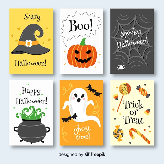 Vector gratuito colección de tarjetas de halloween dibujadas a mano