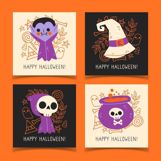 Colección de tarjetas de halloween dibujadas a mano