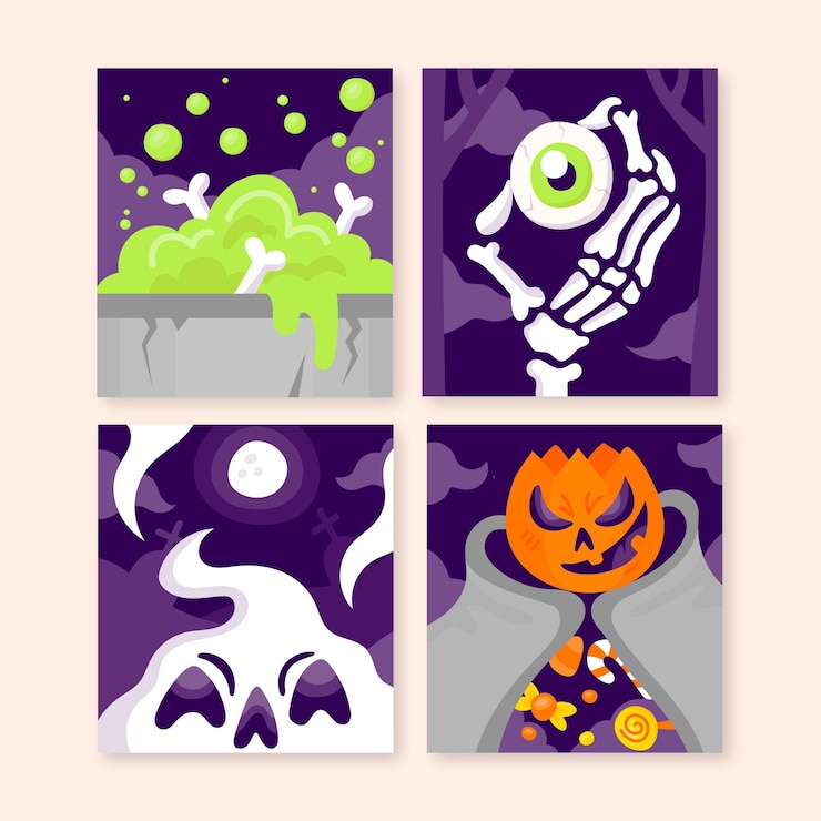 Vector gratuito colección de tarjetas de halloween en diseño plano