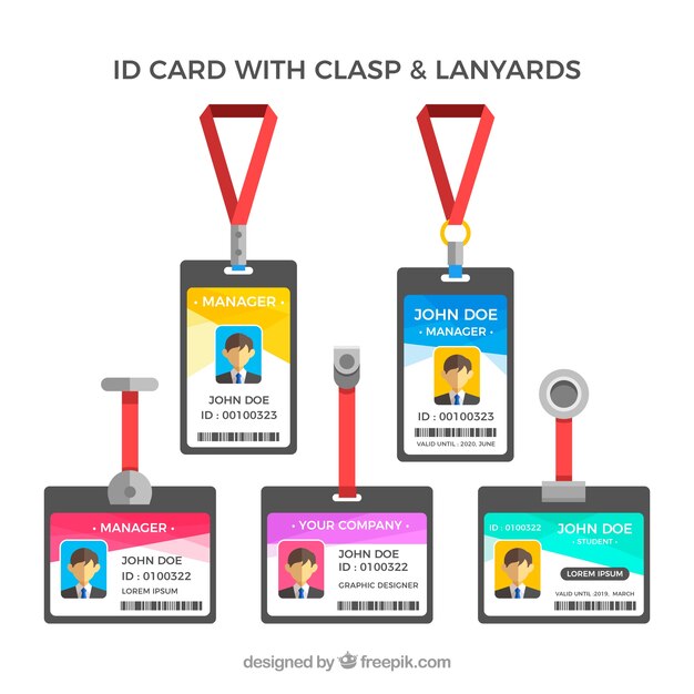 Colección de tarjetas de identificación planas con enganches y cordones
