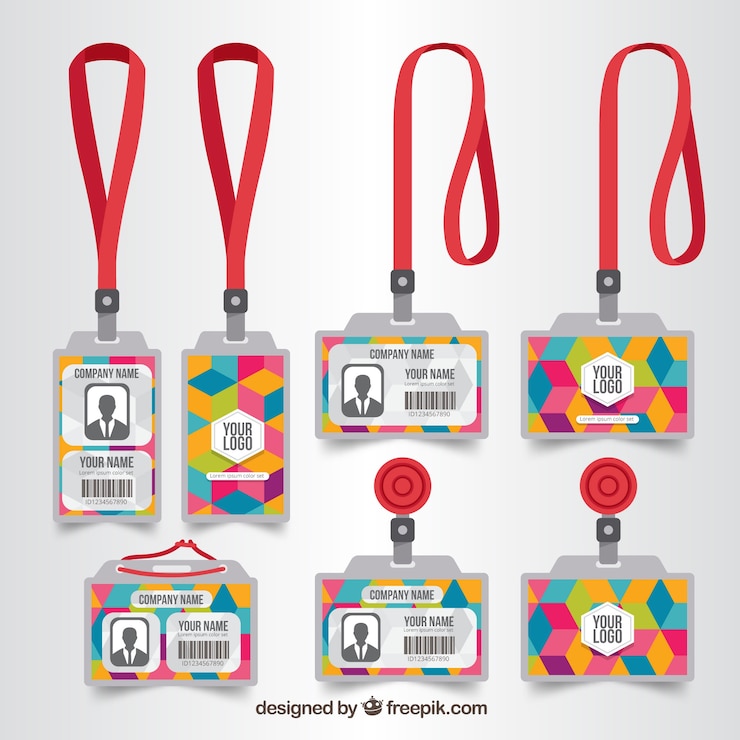 Vector gratuito colección de tarjetas de identificación planas con enganches y cordones