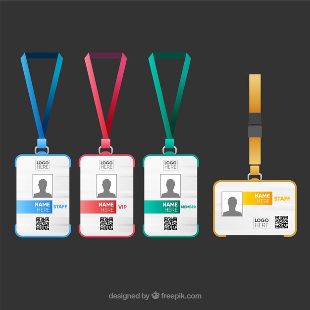 Colección de tarjetas de identificación planas con enganches y cordones