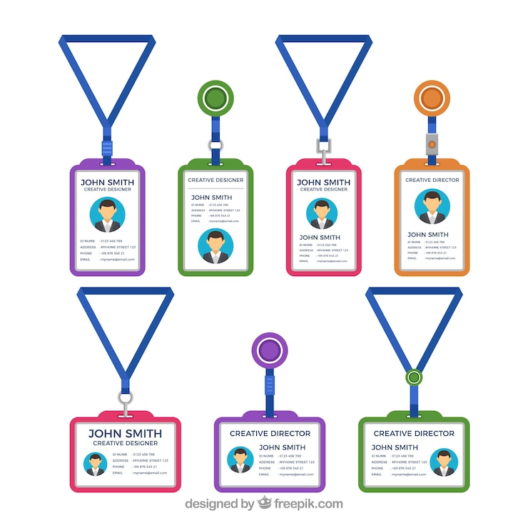 Vector gratuito colección de tarjetas de identificación planas con enganches y cordones